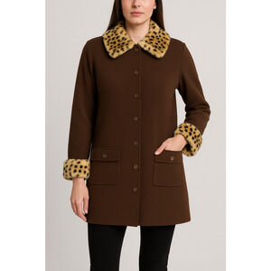 Vintage Pubbliche Relazioni Jacket Women Medium Wool Leopard Faux Fur Trim Retro